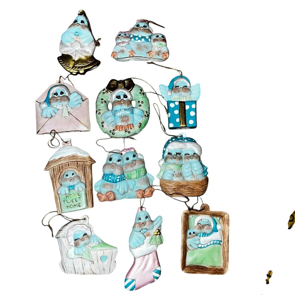Vintage handmade ceramic Blue Birds Holiday Christmas Tree ornaments pink blue